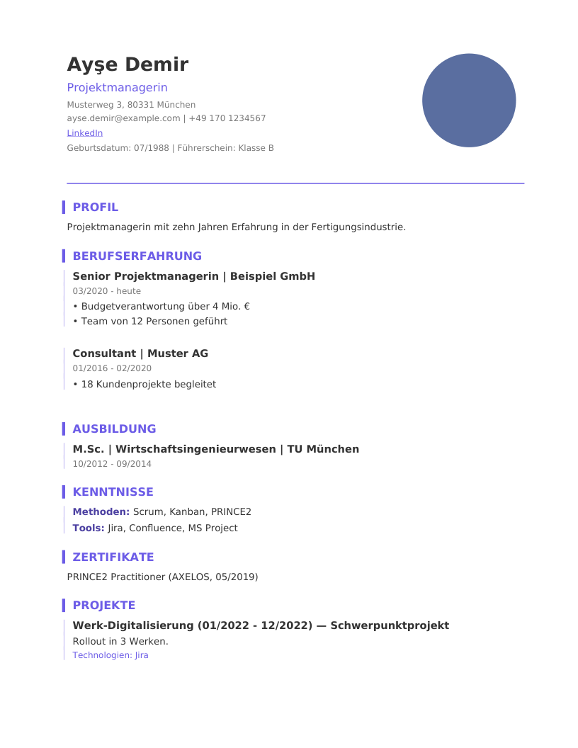 Beispiel-Lebenslauf aus ApplyForge: einspaltig, Foto rechts oben, Abschnitte Profil, Berufserfahrung, Ausbildung, Kenntnisse und Zertifikate